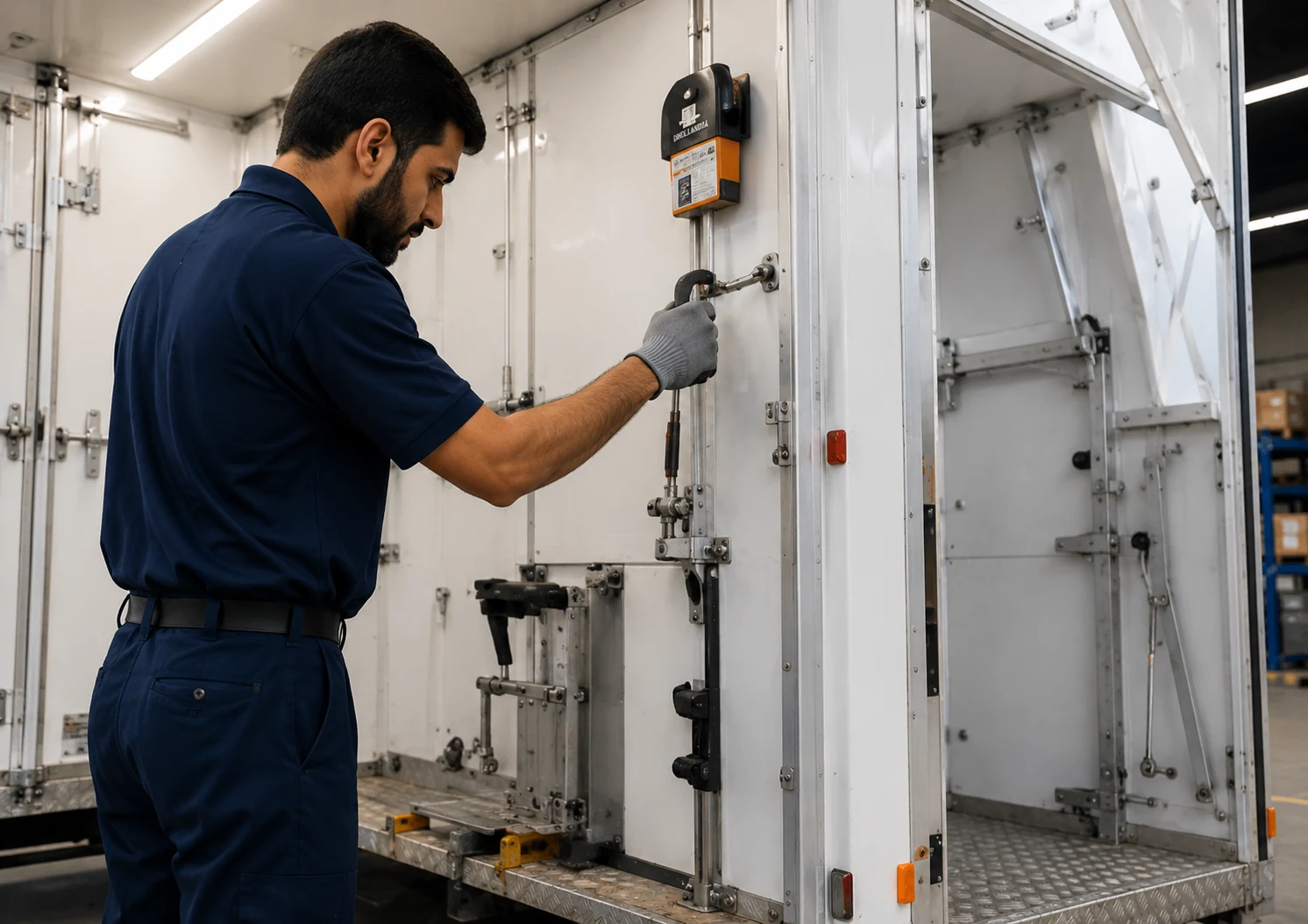 Technician maintaining refrigerated vehicle
